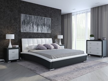Кровать двуспальная Corso-1L 180х200, Экокожа (Черный с белым) в Перми