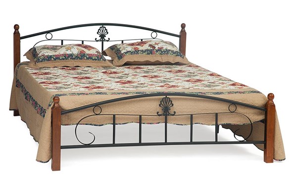 Кровать с основанием РУМБА (AT-203)/ RUMBA дерево гевея/металл, 140х200 см (double bed), красный дуб/черный в Перми - изображение