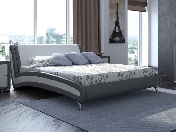 Кровать в спальню Corso-2 160х200, Экокожа (Серый с белым) в Перми - изображение
