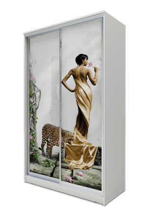 Шкаф 2-х дверный 2400х1500х620, Девушка с леопардом ХИТ 24-15-77-03 Белая шагрень в Перми - изображение