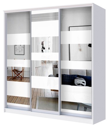 Шкаф 3-х дверный 2200х1770х620 три зеркала, Полосы ХИТ 22-18-666 Белый в Перми - изображение