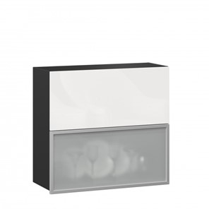 Навесной кухонный шкаф 800 горизонтальный, Шервуд, ЛД 281.981.000.088, со стеклом, черный/белый глянец в Перми - предосмотр