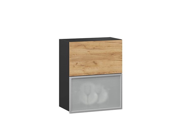 Шкаф кухонный горизонтальный 600 Шервуд, ЛД 281.971.000.047, со стеклом, дуб золотой/черный в Перми - изображение