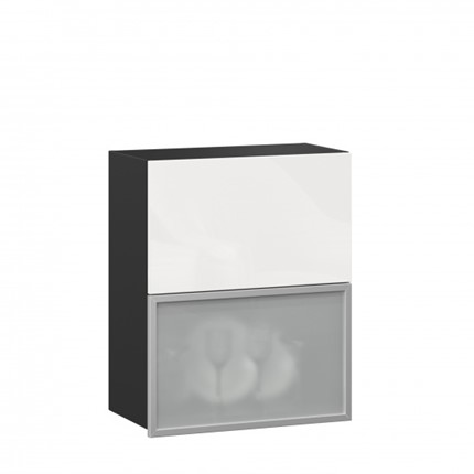 Навесной кухонный шкаф 600 горизонтальный Шервуд, ЛД 281.971.000.086, со стеклом, черный/белый глянец в Перми - изображение