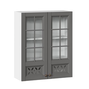 Кухонный навесной шкаф Амели-3 800 высокий со стеклом ЛД 299.460.000.050, Белый/Оникс серый в Перми - предосмотр