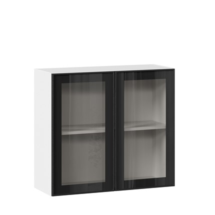 Шкаф на кухню со стеклом 800 Индиго ЛД 298.360.000.023, Белый/Чёрный в Перми - изображение