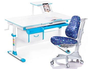 Комплект растущая парта + стул Mealux Mealux EVO Evo-40 BL (арт. Evo-40 BL + Y-528 F) / (стол+полка+кресло) / белая столешница / цвет пластика голубой в Перми - предосмотр