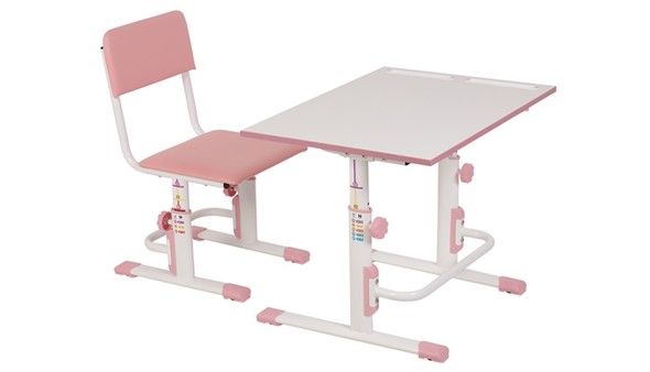 Комплект растущей детской мебели POLINI Kids Растущая парта-трансформер М1 и стул регулируемый L Белый-розовый в Перми - изображение