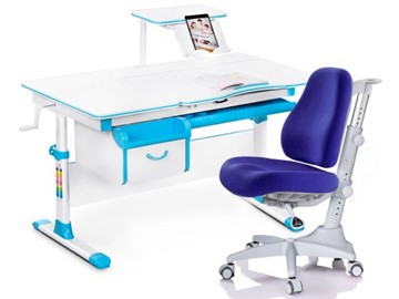 Комплект растущая парта + стул Mealux EVO Evo-40 BL (арт. Evo-40 BL + Y-528 SB) / (стол+полка+кресло) / белая столешница / цвет пластика голубой в Перми - предосмотр