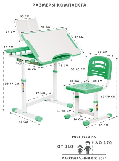 Растущая парта и растущий стул SET HOLTO-17А, зеленый в Чайковском - изображение 11